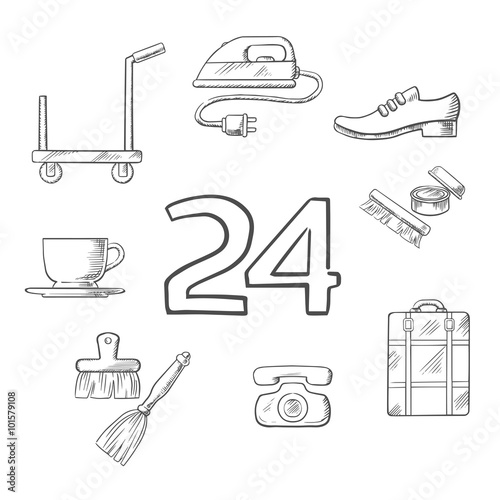 Hotel and room service sketched icons