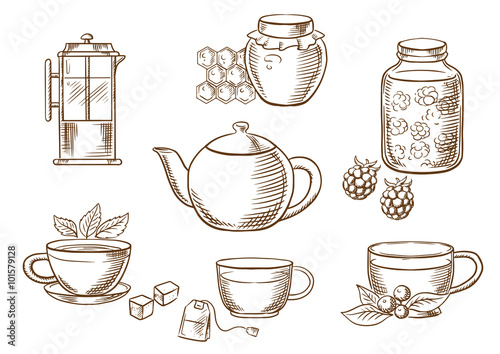 Tea icons with jam, honey, cups and teapots