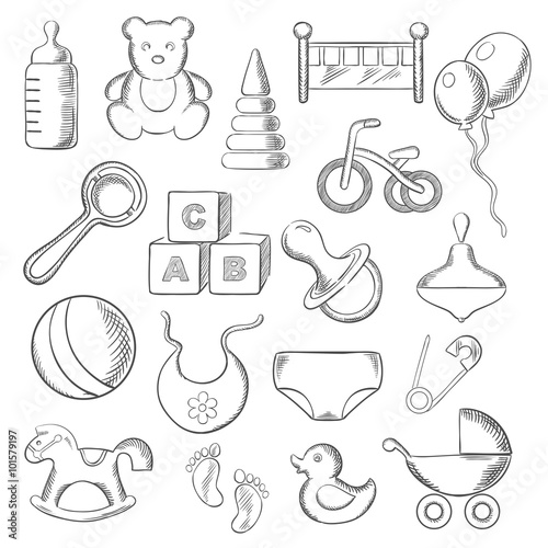 Baby, childhood and childish sketched icons
