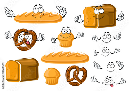 Fresh baked bread loaf, cupcake and pretzel