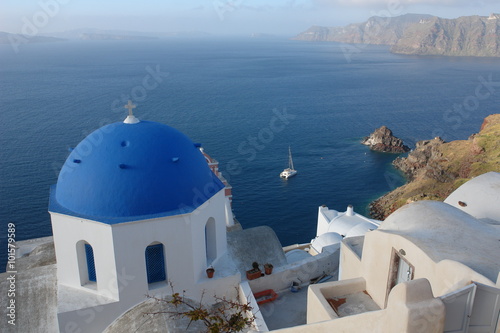 Church with blue dome overlooking the Aegean