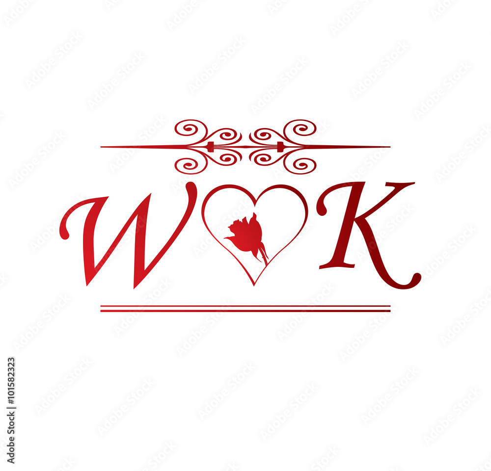 WK love initial with red heart and rose Stock Vector | Adobe Stock