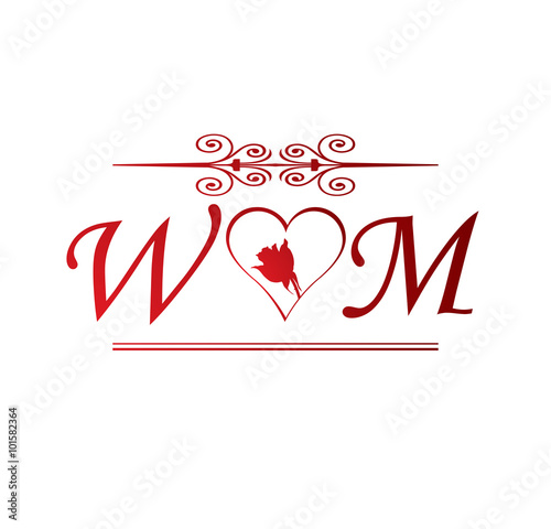 WM love initial with red heart and rose