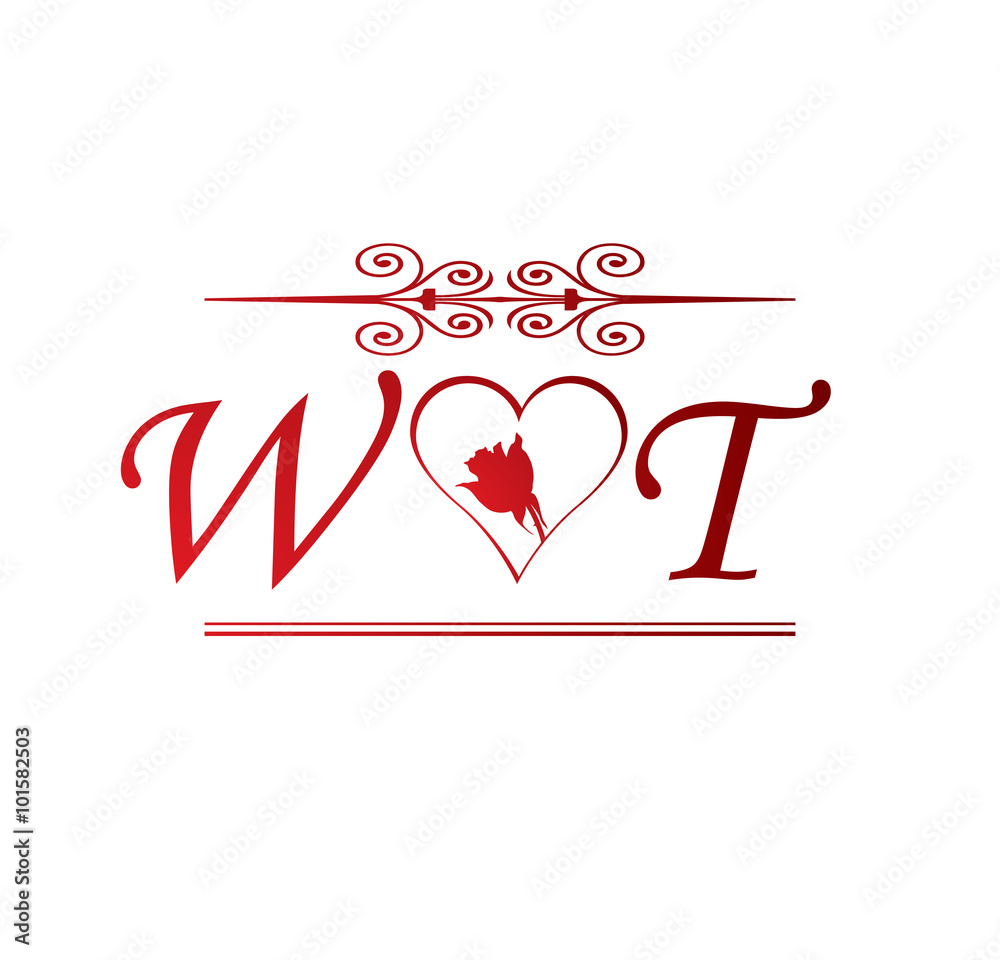 WT love initial with red heart and rose Stock Adobe Stock