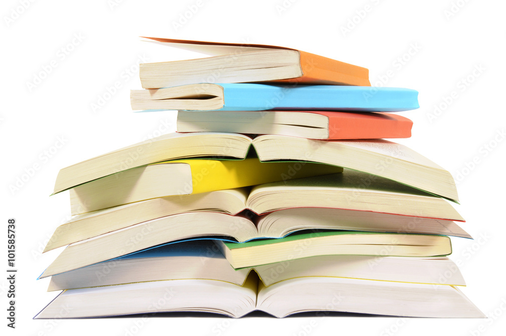 Ταπετσαρία Untidy small pile heap of paperback books some open closed isolated on white bac