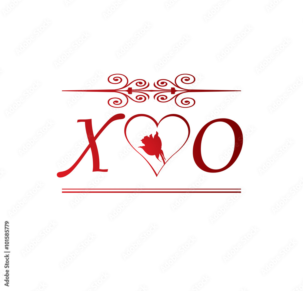 Xo love initial with red heart and rose