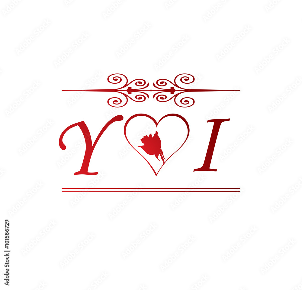 YI love initial with red heart and rose