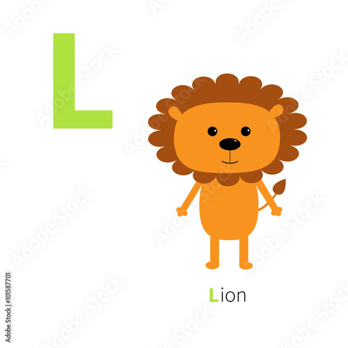 Fototapeta Naklejka Na Ścianę i Meble -  Letter L Lion Zoo alphabet. English abc with animals Education cards for kids Isolated White background Flat design