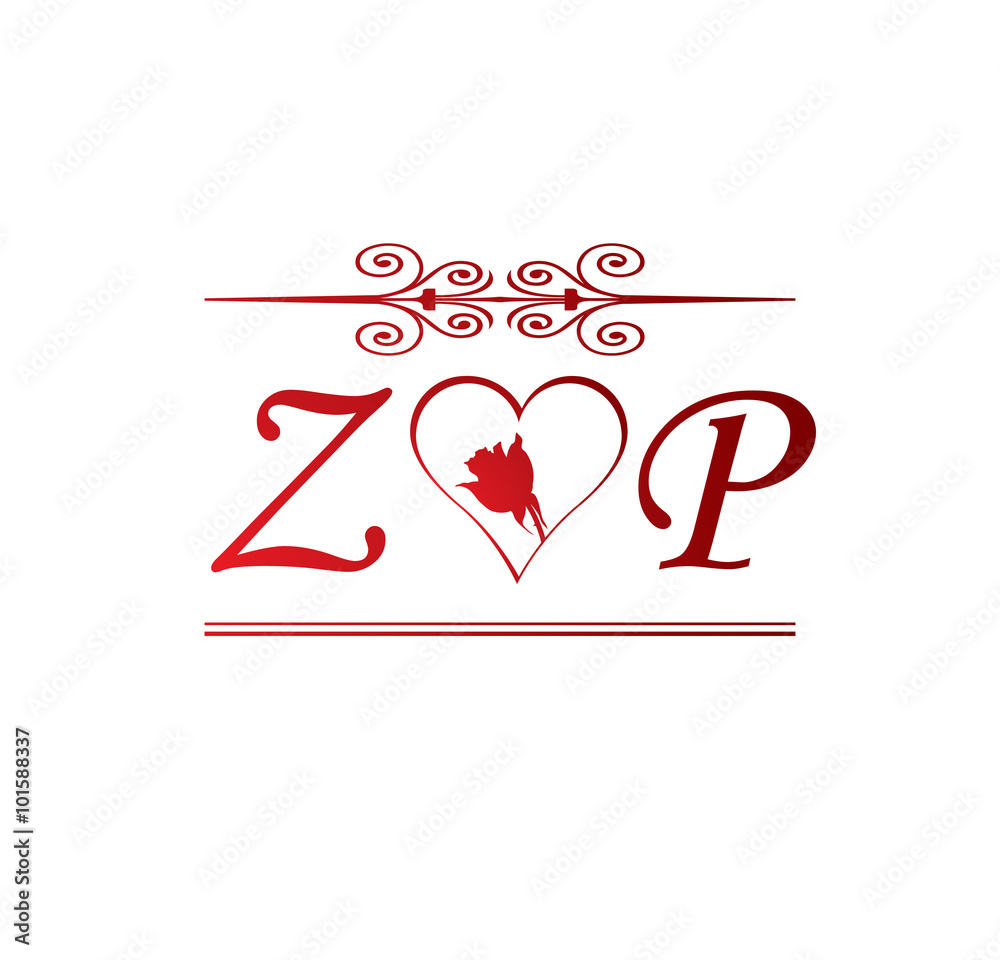 ZP love initial with red heart and rose Stock Vector | Adobe Stock