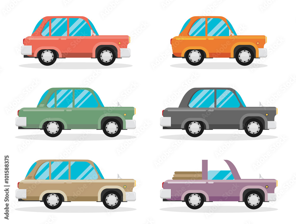 set of vintage cars, vector flat style