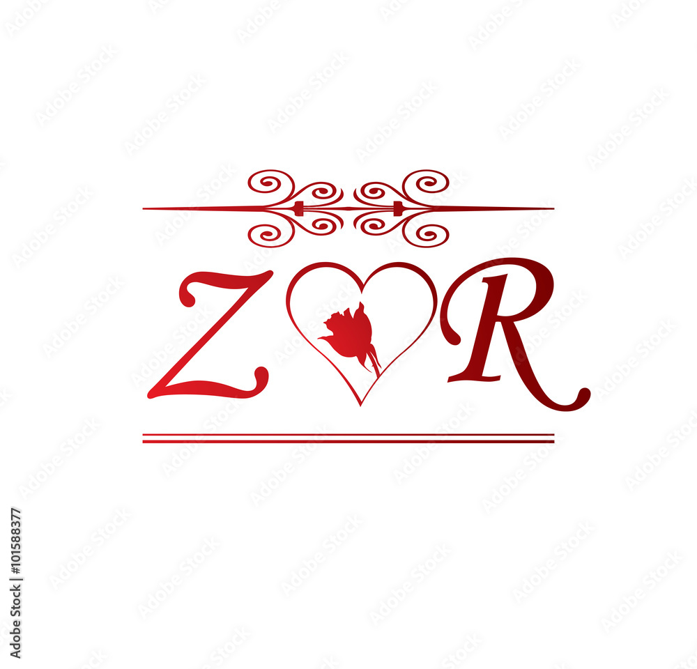 ZR love initial with red heart and rose Stock Vector | Adobe Stock