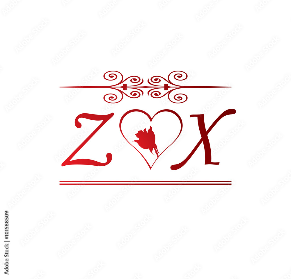 ZX love initial with red heart and rose Stock Vector | Adobe Stock