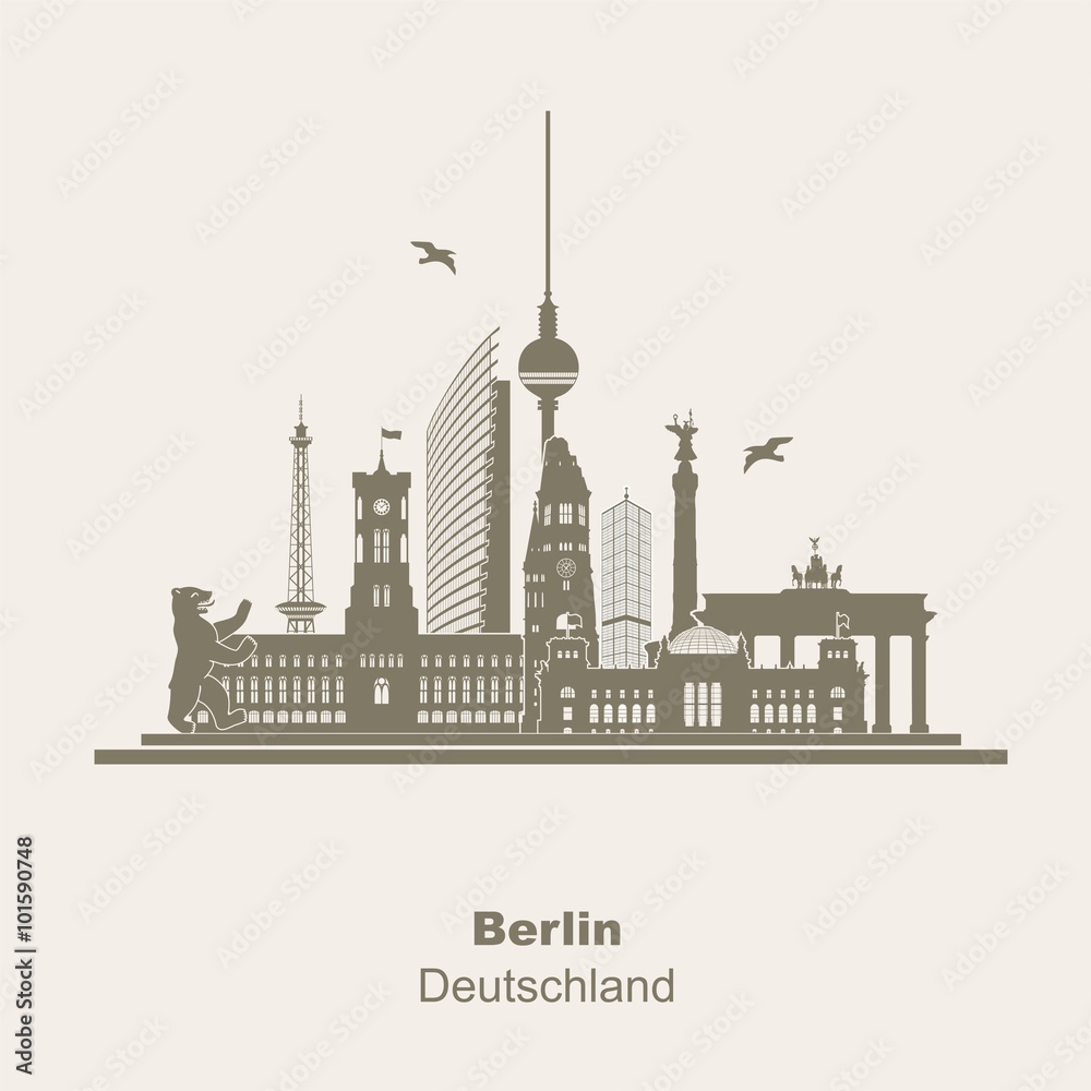 Berlin Silhouette Logo Umriss Schattenriss Fernseturm Funkturm Berliner Bär, sightseeing tour, Brandenburger Tor Rotes Rathaus Potzdamer Platz Siegessäule Gedächtniskirche Reichstag