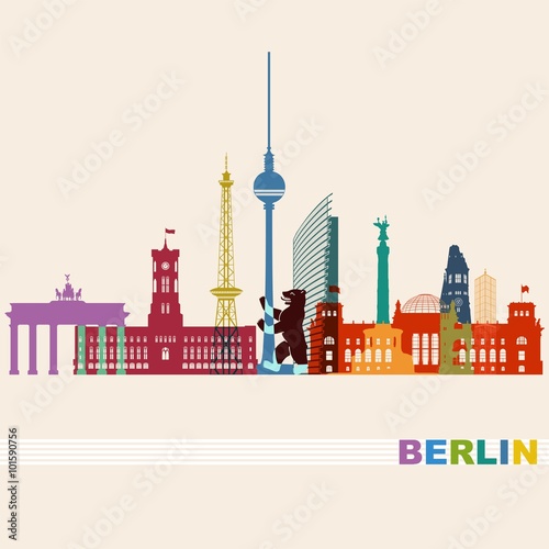 Berlin Stadtansicht buntes Panorama mit Sehenwürdigkeiten und wichtigen Bauten