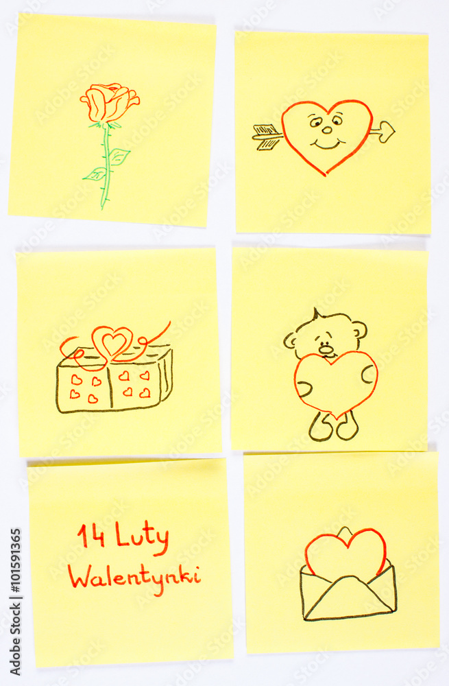 Symbols of Valentines Day drawn on paper, polish inscription 14 February Valentines, symbol of love Symbols of Valentines Day drawn on paper, polish inscription 14 February Valentines, symbol of love