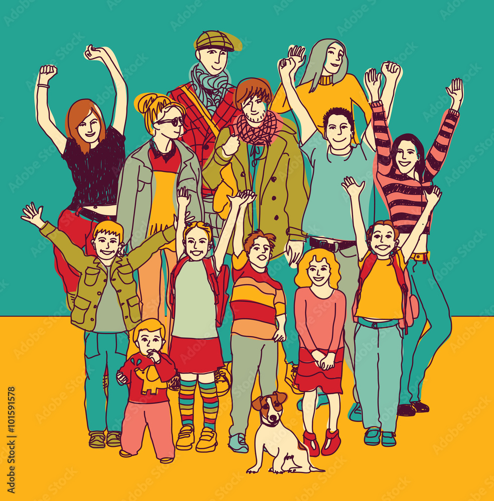 Papier peint Big happy smiling family standing group color.