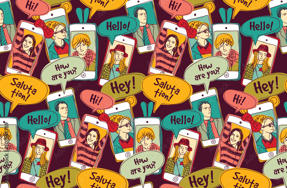 Mobile phones communication people color seamless pattern.