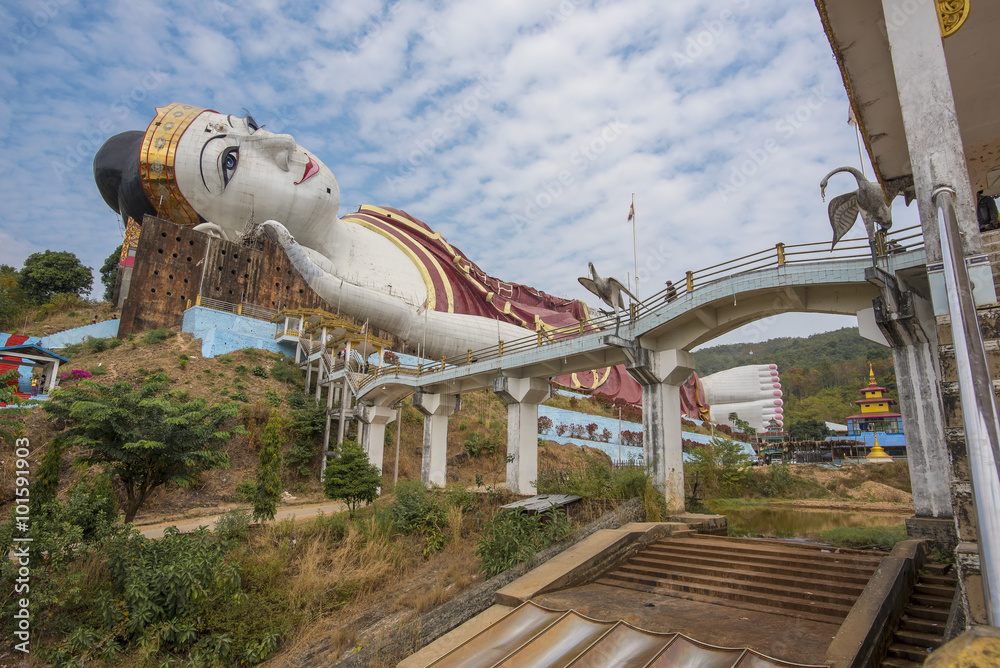 Win Sein Taw Ya, the largest Reclining Buddha image in the world, in Kyauktalon Taung, near Mawlamyine, Myanmar.