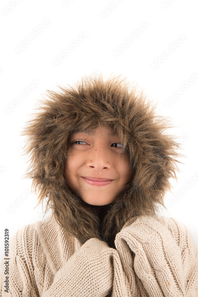 Little boy wearing fur coat protect from cold Little boy wearing fur coat protect from cold