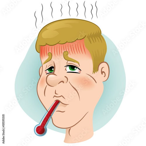 Illustration is a person sick with fever with a thermometer in his mouth