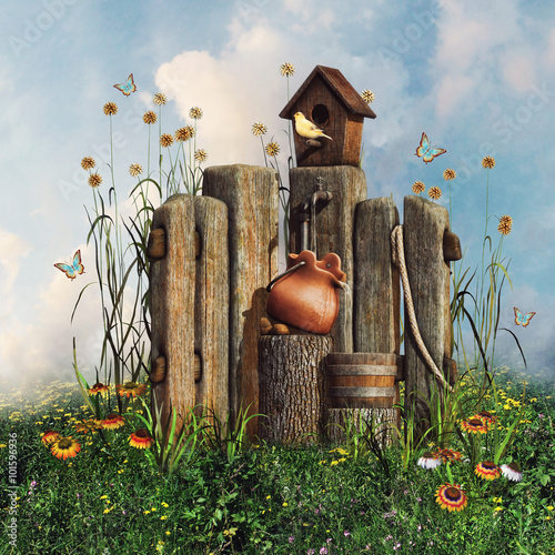 Fototapeta drewniany płot z domkiem dla ptaków, kwiatami i motylami
