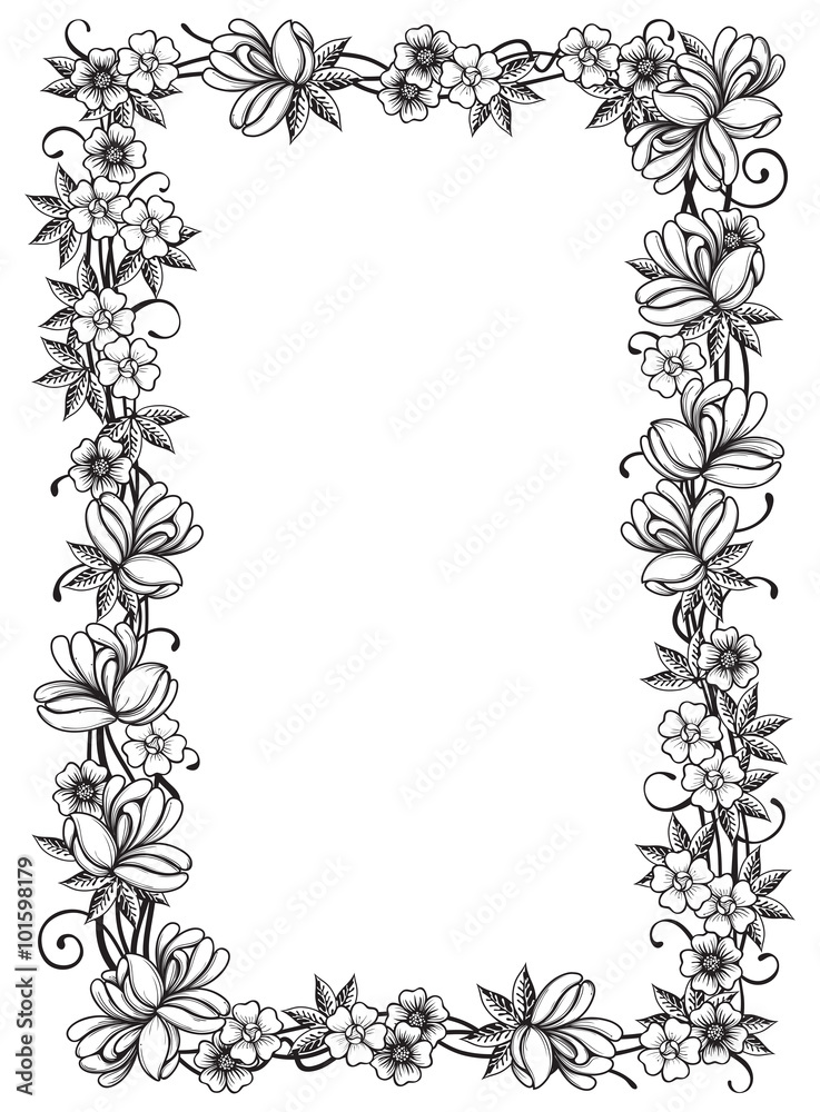 Retro floral frame. Vector ornate  border with many  flowers and leaves at engraving style.