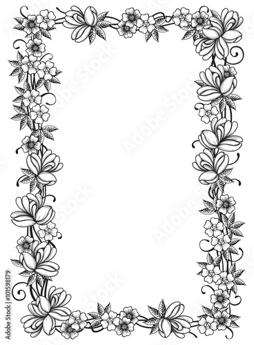 Retro floral frame. Vector ornate border with many flowers and leaves at engraving style.