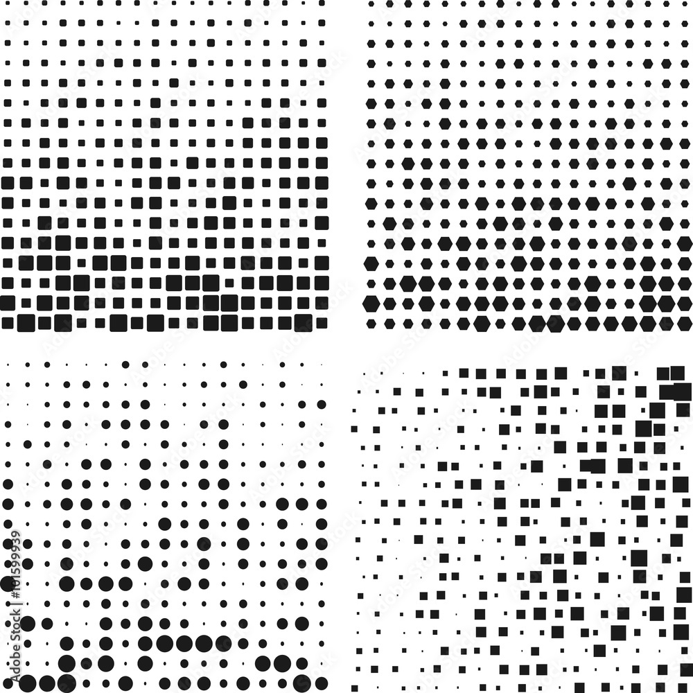 Set of Halftone dots with special effects on white background. Vector illustration for your texture, art or business works.