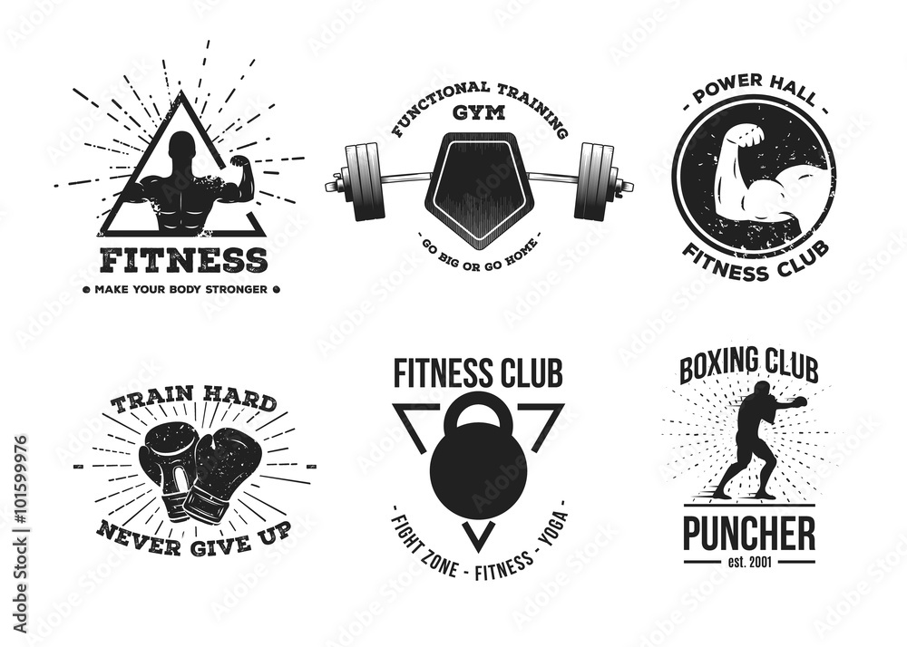 Set of vintage fitness logos, signs, labels. Vector templates for your gym,  t-shirt, cover, banner, emblem and art works. Stock Vector