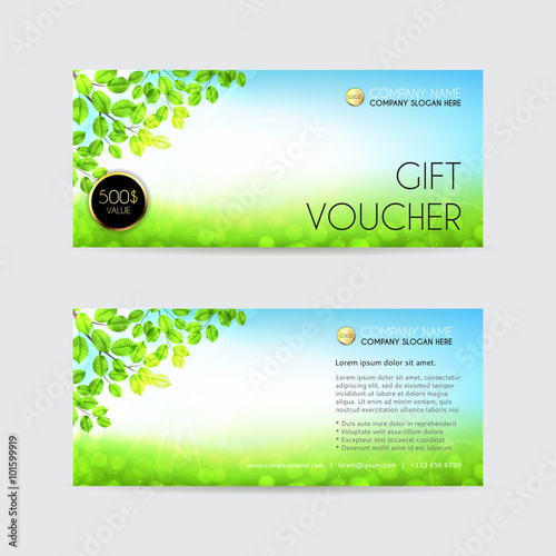 Spring vector Gift voucher template. Vector illustration. Unusual design of voucher usable for gift coupon, voucher, invitation, certificate, diploma, ticket etc.