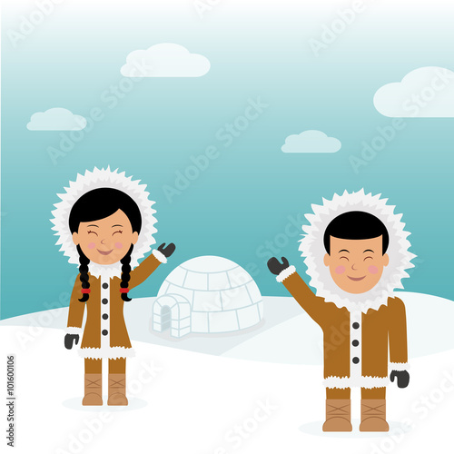 Character male and female Eskimos. Concept background trip to Greenland. Eskimos friendly greeting near igloo house