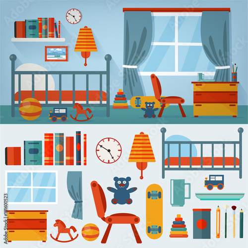 Children Bedroom Interior with Furniture and set of Toys