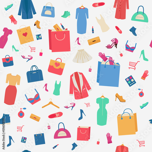 Woman Shopping Seamless Pattern with Clothing and Cosmetics