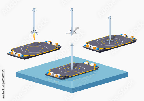 Landing space barge. 3D lowpoly isometric vector illustration. The set of objects isolated against the white background and shown from one side