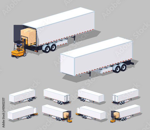 Large white cargo trailer. Loading or unloading.. 3D lowpoly isometric vector illustration. The set of objects isolated against the grey background and shown from different sides
