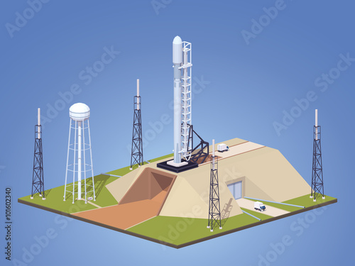 Modern space rocket on the launch pad. 3D lowpoly isometric vector concept illustration suitable for advertising and promotion