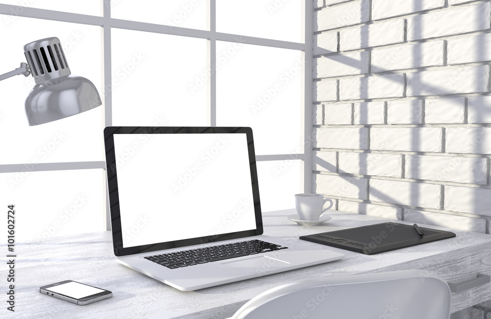 3D illustration laptop and work stuff on table near brick wall, Workspace 3D illustration laptop and work stuff on table near brick wall, Workspace