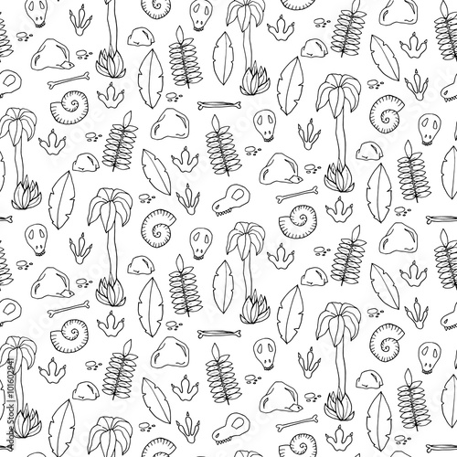 Seamless pattern with palms, leafs, sculls and rocks