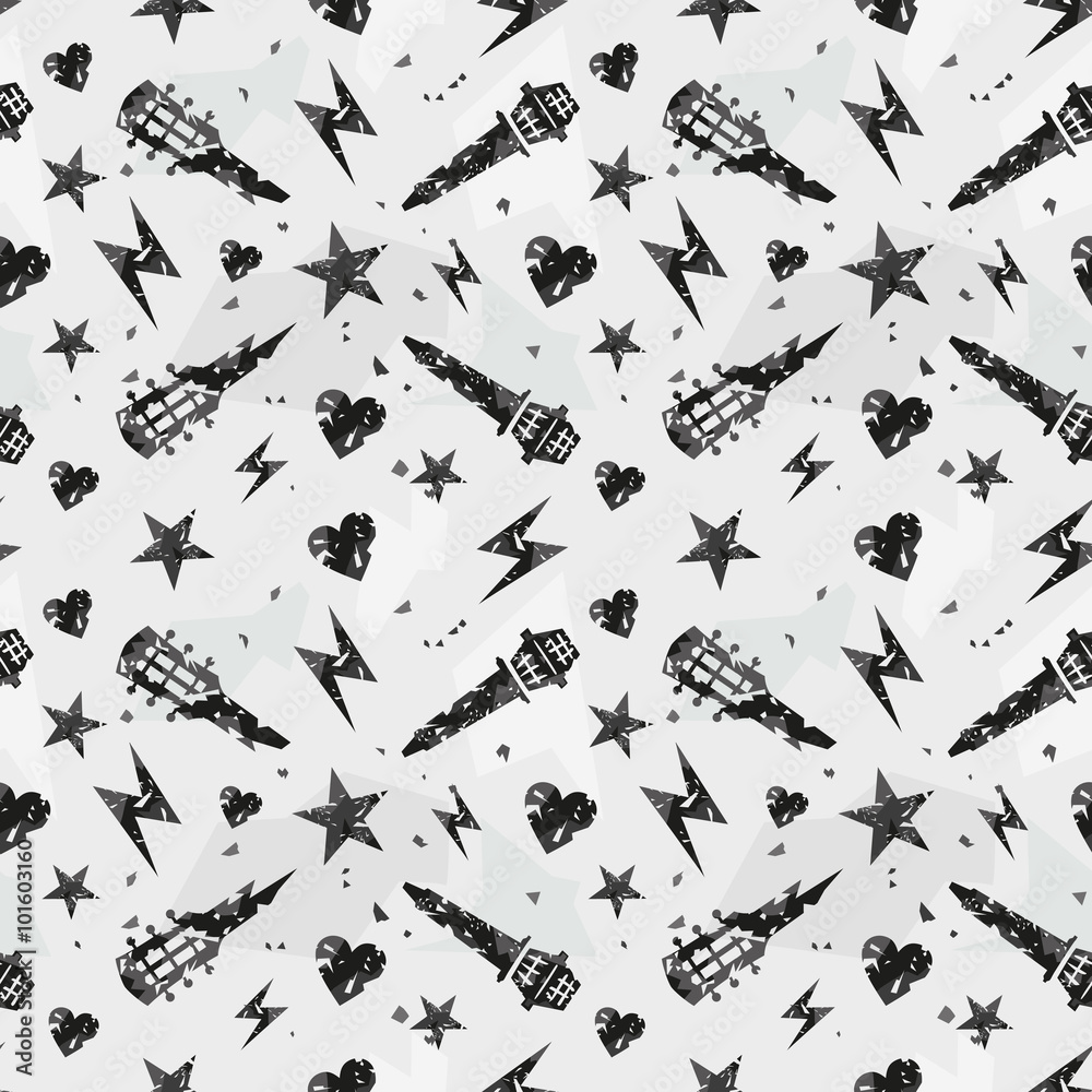 Naklejka premium Grunge pattern. Rock music seamless pattern with a guitar and microphone.