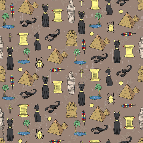 Seamless pattern with egyptean elements such as cats, sphinx, mu photo