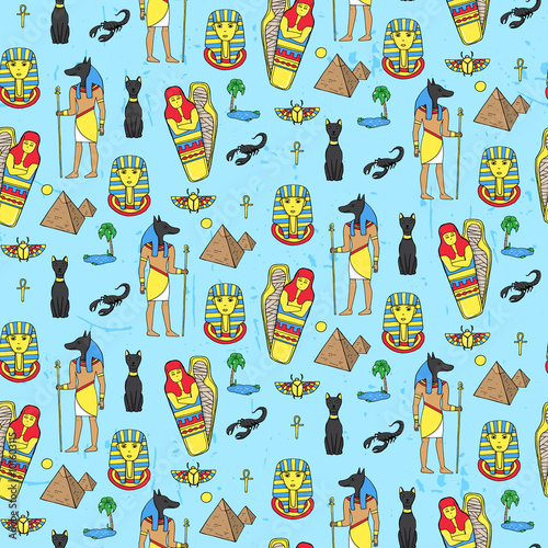 Seamless pattern with egyptean elements such as anubis, mummy, p