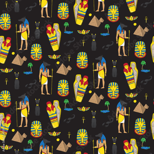 Seamless pattern with egyptean elements such as anubis, mummy, p