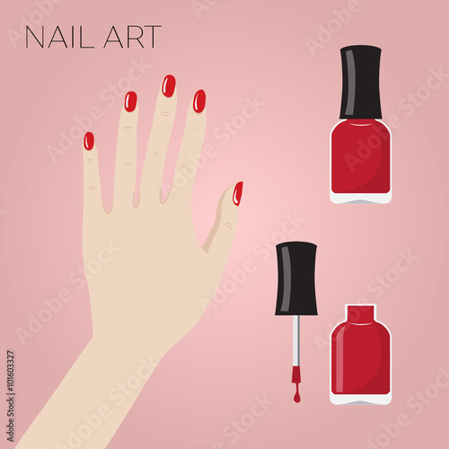 Hand with manicure and bottles of nail polish