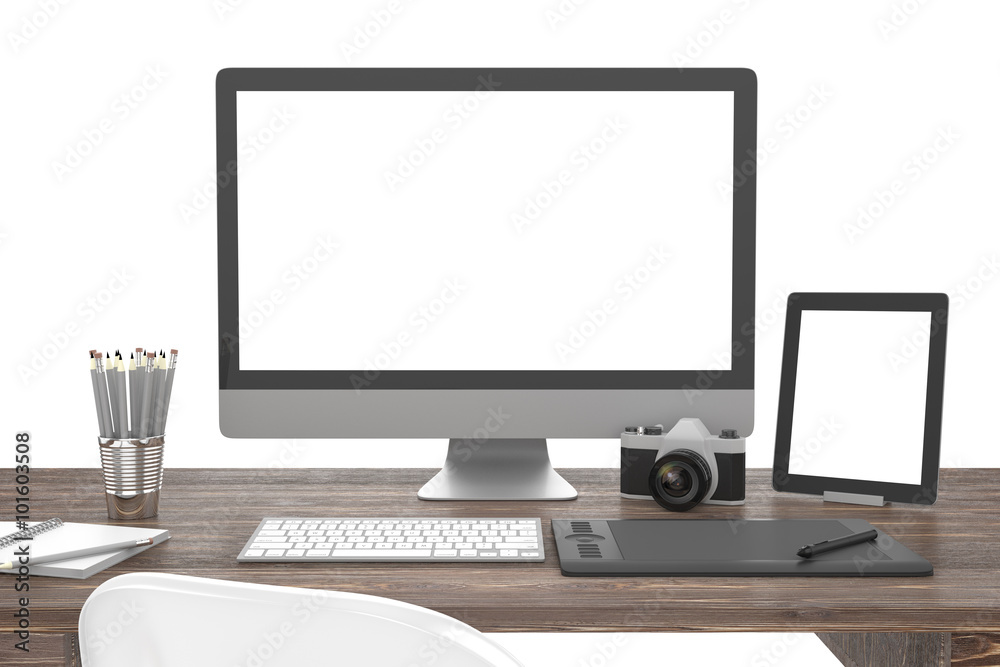 Fototapeta premium 3D illustration PC screen on table in office, Workspace