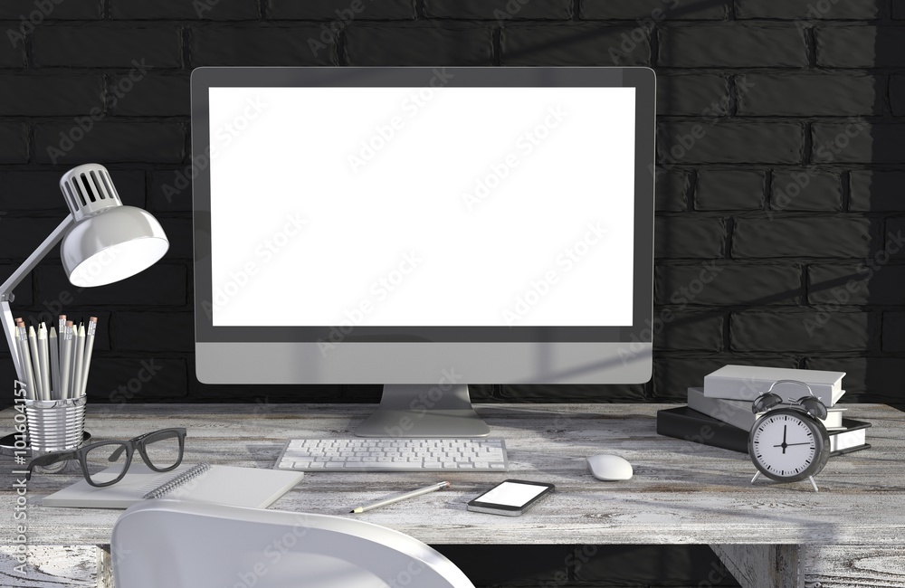 Fototapeta premium 3D illustration PC screen on table in office, Workspace