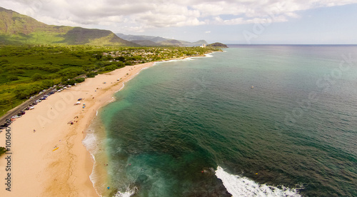 Aerial view of the beach originally known for surfing, Makaha Beach, on west side of Oahu in state of Hawaii photo