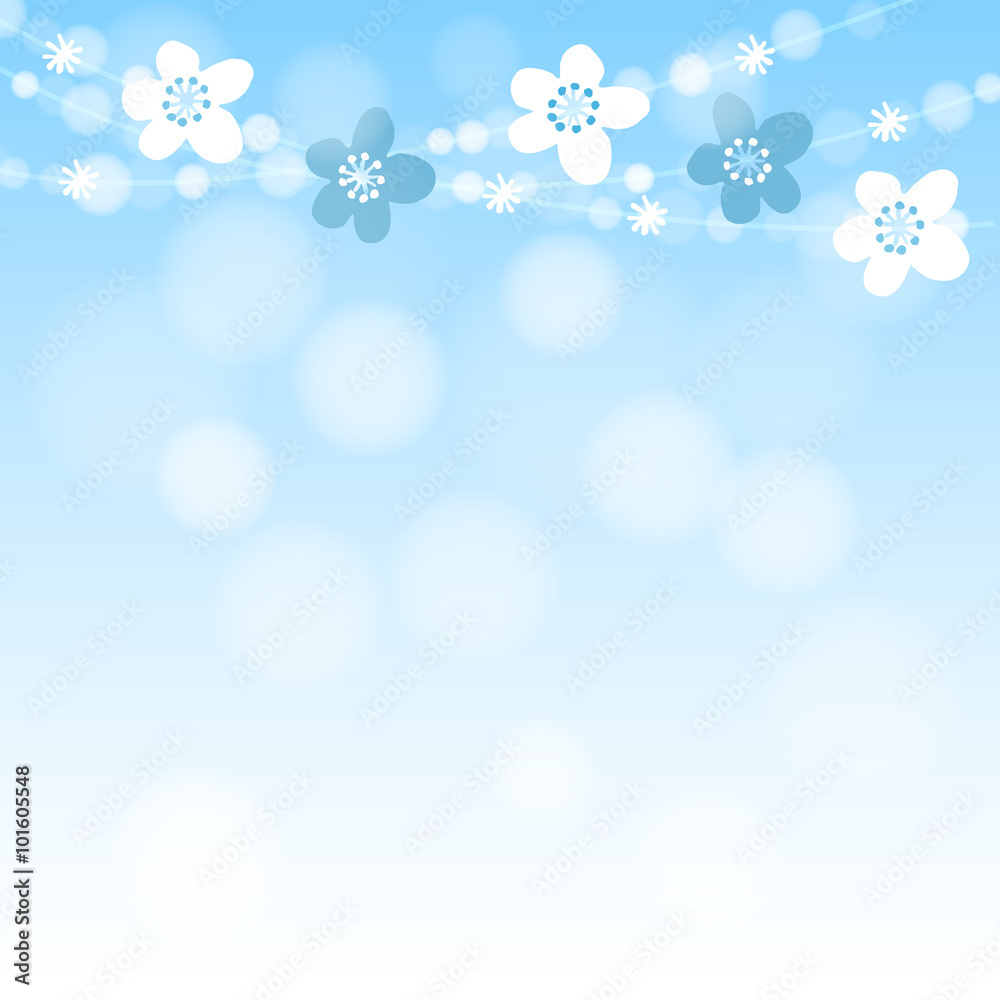 Fototapeta premium Cute spring card with cherry tree blossoms garland and lights, blue vector