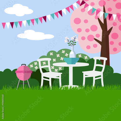 Spring garden party barbecue background with blossoming cherry tree, flat design, vector