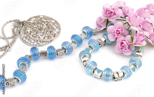 Fotografie Pandora bracelet and beads, modern fashion jewelry