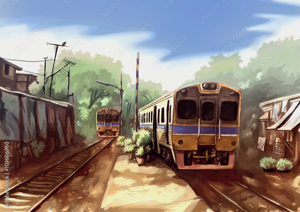 illustration digital painting train landscape